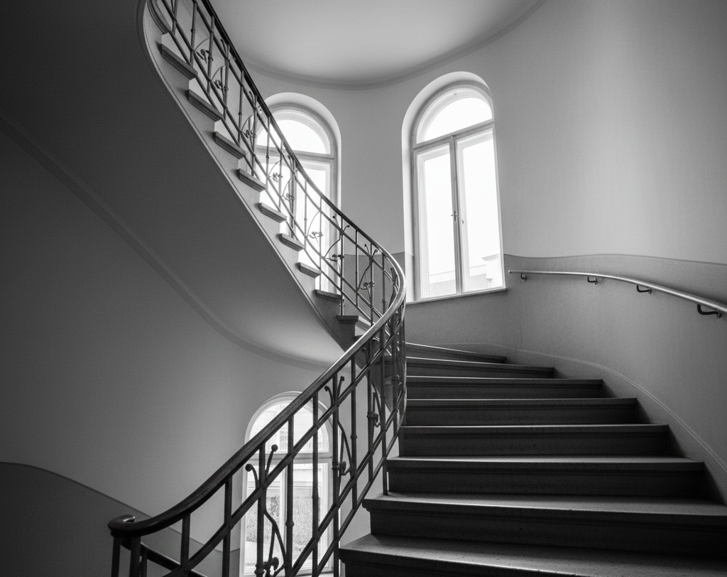 Elegante, geschwungene Treppe mit Fenstern und kunstvollem Geländer in Schwarz-Weiß.