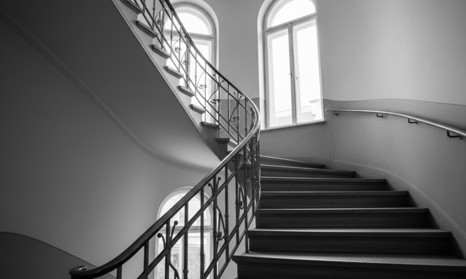 Treppe Hausflur Altbau Schwarze Treppe mit einem eleganten Geländer, bei Tageslicht und weißer Wand.