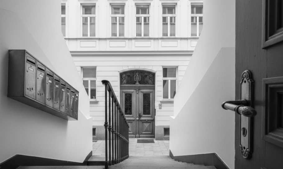 Innenhof Altbau Eingang zu einem Gebäude mit Treppe und Briefkästen, in Schwarz-Weiß.