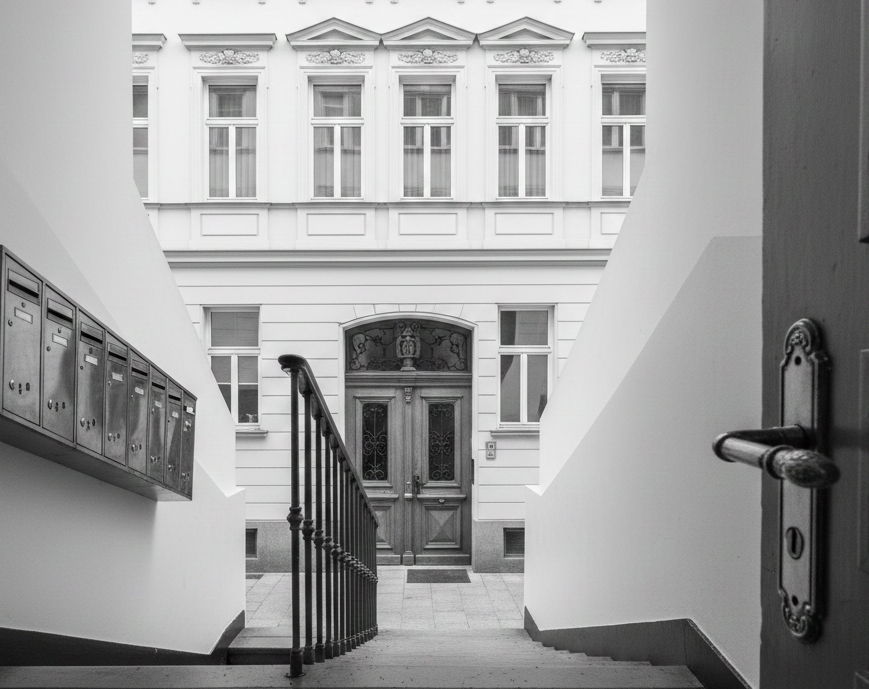 Blick auf den Innenhof eines Gebäudes mit Treppe und großen Fenstern.